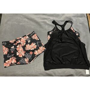Holipick‎ Tankini Swimsuit Top/boyshorts Bottom Coral/black Tropical Sz 16